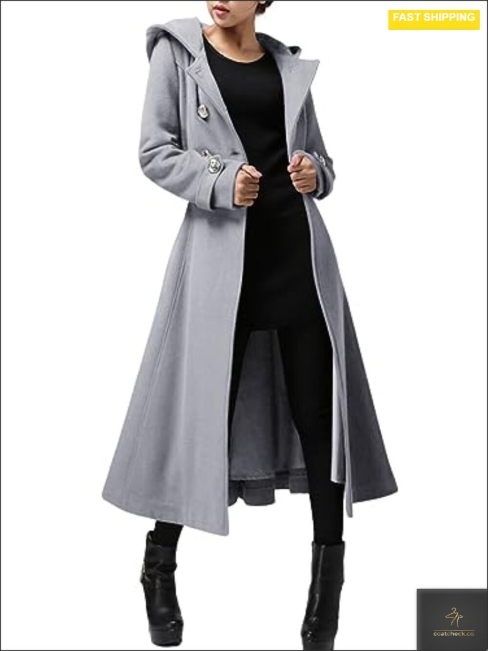 Women's Extra Long Wool Blend Hooded Trench Coat Double-Breasted Windproof